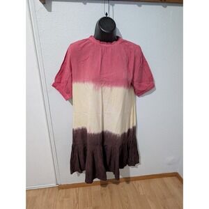 Sakura Tie Dye Mini Dress Womens Medium Pink Brown Ruffle Hem Boho Viscose See